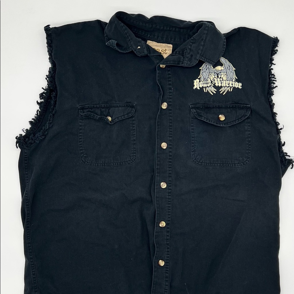 Coast Biker Style Road Warrior Sleeveless Distressed Button Down Black S…